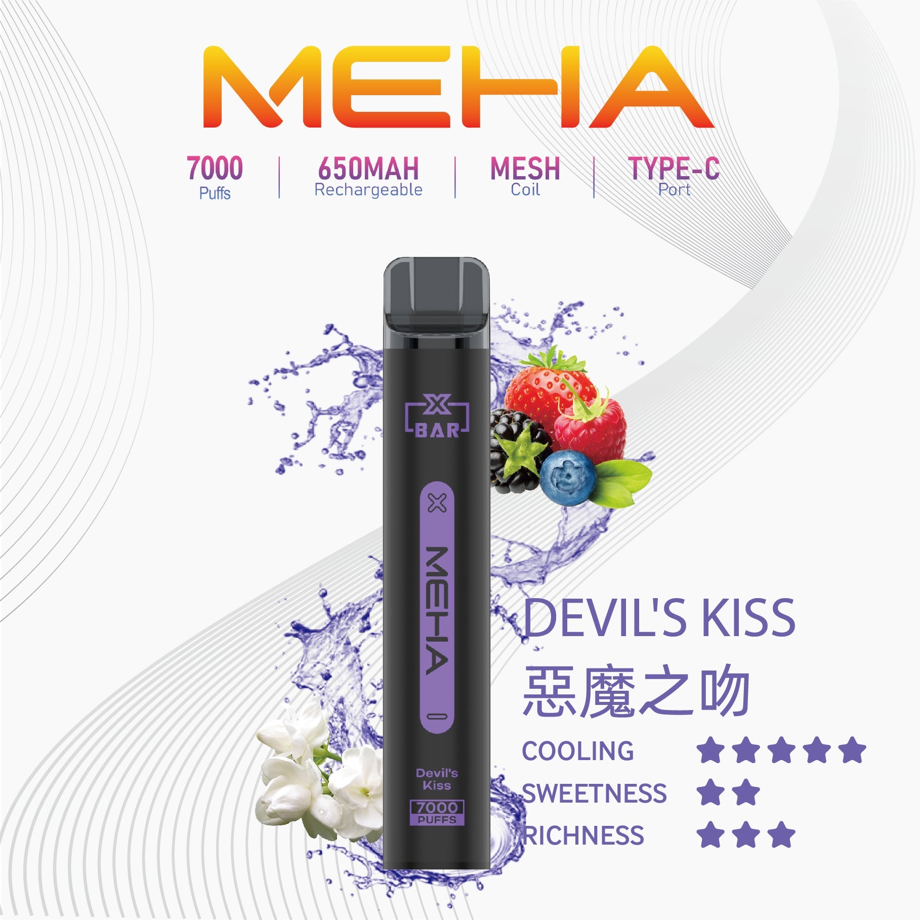 MEHA 抛棄式7000口小黑條惡魔之吻口味產品圖 